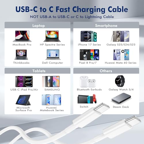 APFEN 2Pack 10FT USB-C to USB-C 60W Fast Charging Cable,White - size: 2Pack-10FT