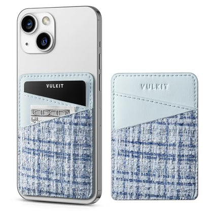VULKIT Phone Card Holder Wallet Leather Adhesive Pocket RFID Blocking Credit Card Sleeves Stick Back of Phone Smartphones - color: Tweed Blue