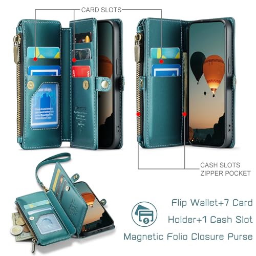 Defencase for iPhone 17E & 16E Wallet Phone Case with Card Holder, Green | Durable Soft PU Leather, with RFID Blocking Zipper Pocket, Strap, Magnetic Snap Flip Cases Cover with Stand for Women Men - color: Blue Green