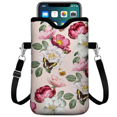 Universal Phone Sleeve Pouch with Crossbody Strap 7.6 X 4.3 Inches Shockproof Water Resistant Mobile Protection Bag-Pink Floral Neoprene Phone Pouch Bag - color: Pink Floral-Phone Pouch