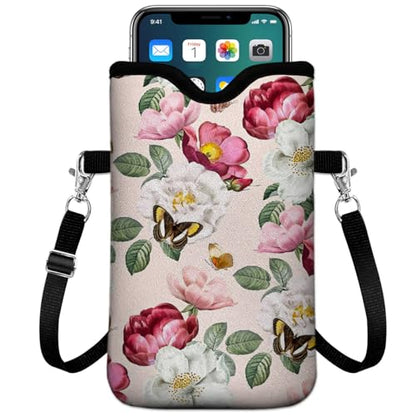 Universal Phone Sleeve Pouch with Crossbody Strap 7.6 X 4.3 Inches Shockproof Water Resistant Mobile Protection Bag-Pink Floral Neoprene Phone Pouch Bag - color: Pink Floral-Phone Pouch