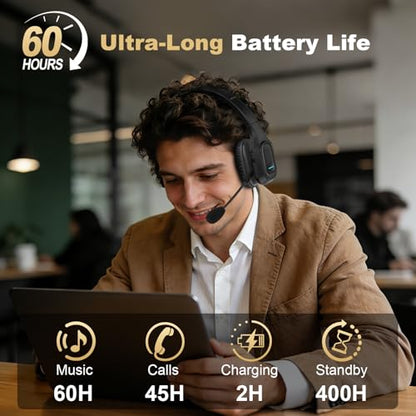 Bluetooth Headset for Truck Drivers, Single Ear Wireless Headphone with Noise Cancelling Mic, Mute Button, Hands-Free Calling, 60H Battery Life for Call Center, Office & Mobile Phone