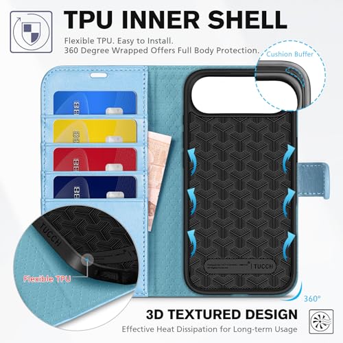 TUCCH Wallet Case for iPhone Air 6.5" 2025, 4 Card Slots, Pearly Light Blue | RFID Blocking, Viewing Stand, Shockproof TPU Shell, PU Leather, Magnetic Closure, Protective Folio Flip Cover - color: Pearly Light Blue