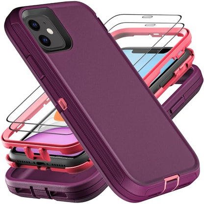 YKHJKLEC for iPhone 11 Case, Military Grade 3 in 1 Heavy Duty Shockproof/Drop Proof/Dust Proof Case with 2Pcs Tempered Glass Screen Protector (Purple/Pink) - color: Purple/Pink