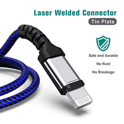Tera Grand - Apple C89 MFi Certified Lightning to USB-A Braided Cable for iPhone 14/13/12/11 Pro Pro Max Plus Mini, SE XS Max XR X, 8/7/6 Plus, iPad, AirPods, 10 Ft Black/Blue - color: Black/Blue, size: 10 ft