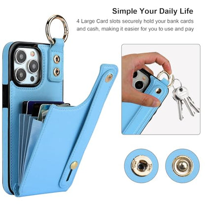 Folosu for iPhone 15 Pro Max Wallet Case with Card Holder, Hand Wrist Strap Loop Holder Kickstand, RFID Blocking Finger Grip Ring PU Leather Double Buttons Shockproof Cover 6.7" Blue - color: Blue