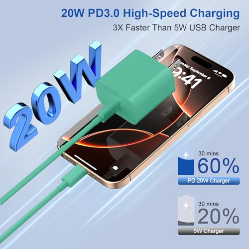 20W iPhone Charger Fast Charging 3-Pack with 6FT USB C to USB Cable, Green - color: Green