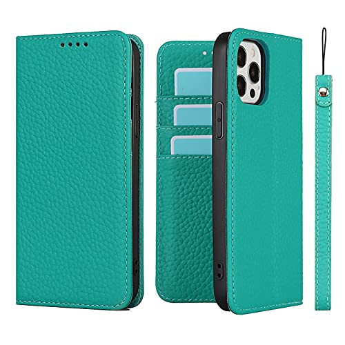 iCoverCase Compatible with iPhone 13 Pro Wallet Case with Credit Card Holder and Wrist Strap, RFID Blocking Genuine Leather Flip Magnetic Phone Cover 6.1 Inch (Blue-Green) - color: 1-Blue-Green (No Headphone Storage Belt), size: iPhone 13 Pro