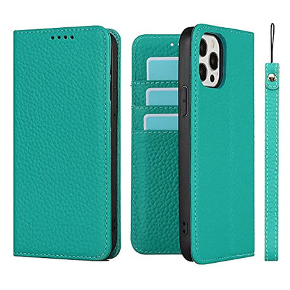 iCoverCase Compatible with iPhone 13 Pro Wallet Case with Credit Card Holder and Wrist Strap, RFID Blocking Genuine Leather Flip Magnetic Phone Cover 6.1 Inch (Blue-Green) - color: 1-Blue-Green (No Headphone Storage Belt), size: iPhone 13 Pro