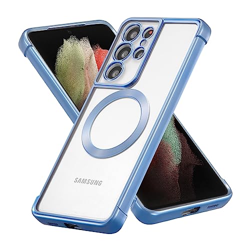 RALEAVO Magnetic Case for Samsung Galaxy S21 Ultra Clear Case Cover [Compatible with Magsafe & Military Grade Drop Protection] Transparent Shockproof Slim Plated Phone Case - Blue - color: Blue, size: S21 Ultra