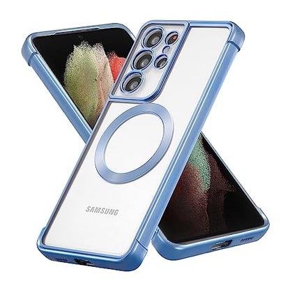 RALEAVO Magnetic Case for Samsung Galaxy S21 Ultra Clear Case Cover [Compatible with Magsafe & Military Grade Drop Protection] Transparent Shockproof Slim Plated Phone Case - Blue - color: Blue, size: S21 Ultra