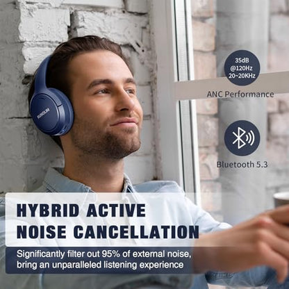 RUNOLIM Active Noise Cancelling Headphones, Wireless Bluetooth Over Ear (Blue) - color: Blue