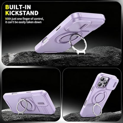 Rugged Shockproof Case for iPhone 17 Pro Max, Heavy Duty Protective Phone Case with Slide Camera Cover, 360° Rotatable Ring Stand & Magnetic Car Mount Compatible (Purple,iPhone 17 Pro Max) - color: Purple