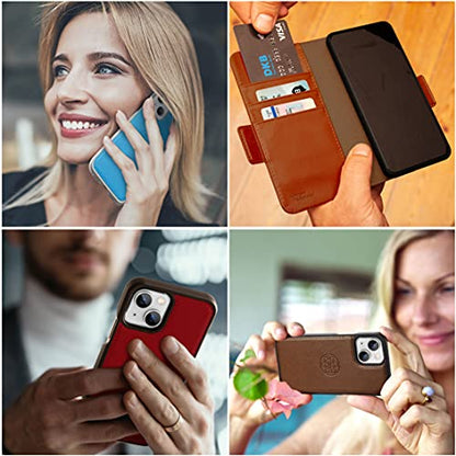 Dreem Vegan Leather Magnetic Detachable Wallet Case for iPhone 13 | Built-in Phone Stand, RFID Blocking Card Holder Flip Cover, MagSafe Compatible, Gift Box [Fibonacci: Chocolate] - color: Chocolate, size: iPhone 13