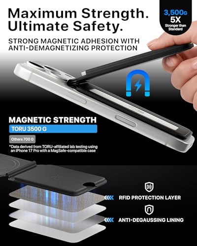 TORU for MagSafe Wallet with Kickstand, N52 Magnetic 6-Card Holder RFID Blocking for iPhone 17/17e/16/16e/15/14/13/12 Pro Max Plus Air - Black - color: Black