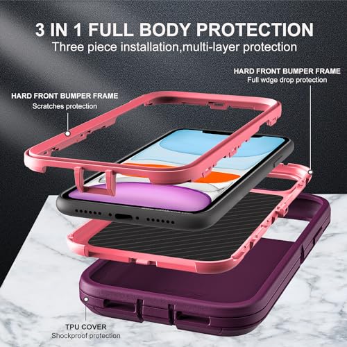 YKHJKLEC for iPhone 11 Case, Military Grade 3 in 1 Heavy Duty Shockproof/Drop Proof/Dust Proof Case with 2Pcs Tempered Glass Screen Protector (Purple/Pink) - color: Purple/Pink