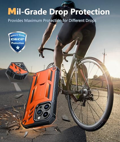 FNTCASE for iPhone 15 Pro Max Case, Built-in Screen Protector, Kickstand | Military-Grade Drop Protection, Anti-Slip Matte Textured, Rugged Heavy Duty Shockproof TPU Protective Cover - color: Orange