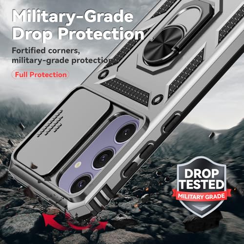 for Samsung Galaxy S24 FE Case with Camera Lens Cover HD Screen Protector, Dual Layer Military-Grade Drop Tested Magnetic Ring Holder Kickstand Protective Phone Case for Galaxy S24 FE (Silver) - color: Silver with camera cover Military-Grade 2nd gen