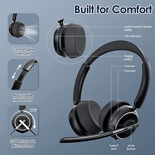 PrancyBt Upgraded Wireless Headset with Mic for Work, Bluetooth Headset with Noise Canceling Microphone with Dongle, Charging Base & Mic Mute, Wireless Headphones for Work from Home/PC/Computer