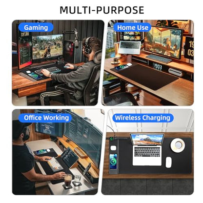 VOVIPO 3 in 1 Wireless Charging Mouse Pad, Gaming Mousepad with Wireless Charger Multiple Devices Compitable with Watch/iPhone/Airpods, Large Desk Mat 90 x 40cm,Desk Pad for MacBook, PC, Laptop-Black - color: Black