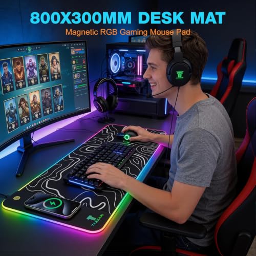 TARKARI 15W Magnetic Wireless Charging RGB Mouse Pad, 800x300mm Topographic - color: Black White
