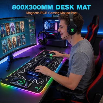 TARKARI 15W Magnetic Wireless Charging RGB Mouse Pad, 800x300mm Topographic - color: Black White