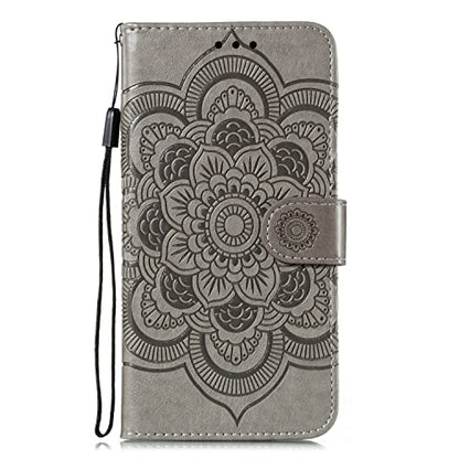 EYZUTAK Case for iPhone 13 Pro, Premium PU Leather Magnetic Flip Wallet Case with Card Holder Cash Slot Lanyard Strap Kickstand Function Embossed Mandala Flower Pattern Shockproof Cover - Gray - color: Gray, size: iPhone 13 Pro
