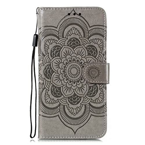 EYZUTAK Case for iPhone 13 Pro Max, Premium PU Leather Magnetic Flip Wallet Case with Card Holder Cash Slot Lanyard Strap Kickstand Function Embossed Mandala Flower Pattern Shockproof Cover - Gray - color: Gray, size: iPhone 13 Pro Max