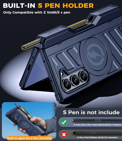 Professional Heavy-Duty Case for Galaxy-Fold-6: 360° Full-Body Protection with Hinge Cover, Magnetic Kickstand & S Pen Holder | Magsafe Compatible | for Samsung z fold 6 5G（2024） - color: Classic Blue