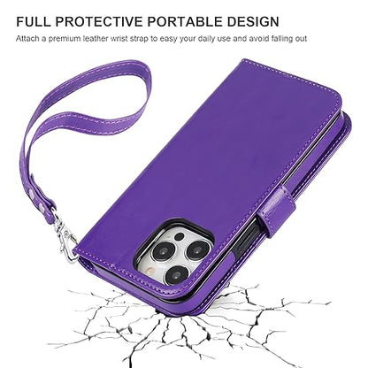 Bocasal Detachable Wallet Case Card Holder for iPhone 15 Pro Max Purple | RFID Blocking Kickstand Card Slots Holder PU Leather Magnetic Shockproof Wrist Strap Removable Flip Protective Cover 6.7 inch - color: Purple
