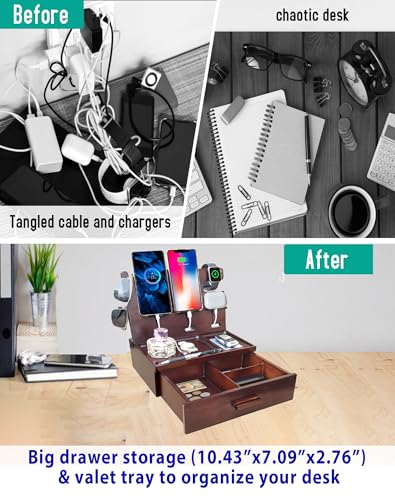 Nightstand Organizer with Drawer Built in 4 USB Quick Charger, Wood Phone Docking Station with Dual Phone Charging Station for Apple Android Phones Anniversary Birthday Gifts for Men Dad Hunsband Mom