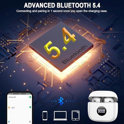 Wireless Bluetooth 5.4 Earbuds, LED Power Display Headphones, 6D Stereo - color: Creamy White