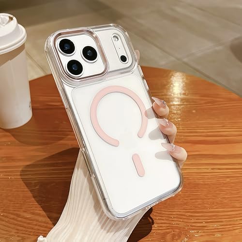 for iPhone 17 Pro Max Clear Case with Electroplated Camera Ring & Buttons, MagSafe Compatible, Military-Grade Shockproof, Anti-Yellowing Slim Transparent Cover - color: Pink