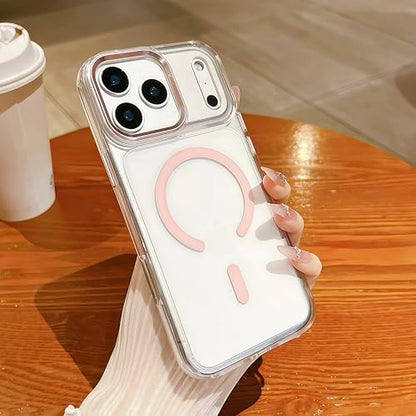 for iPhone 17 Pro Max Clear Case with Electroplated Camera Ring & Buttons, MagSafe Compatible, Military-Grade Shockproof, Anti-Yellowing Slim Transparent Cover - color: Pink