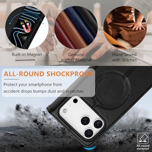 for iPhone 17 Pro 6.3" Wallet Case Card Holder Black | Magsafe Compatible,RFID Blocking,Kickstand,Folio Cover,Genuine Leather - color: Black, size: 6.3" iPhone 17 Pro