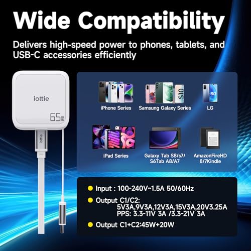 Basix by iOttie 65W GaN Wall Charger with Built-in Retractable USB-C Cable and Extra USB-C and USB-A Ports, Triple Device Fast Charging, Compact Travel Charger with Folding Prongs