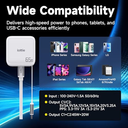 Basix by iOttie 65W GaN Wall Charger with Built-in Retractable USB-C Cable and Extra USB-C and USB-A Ports, Triple Device Fast Charging, Compact Travel Charger with Folding Prongs