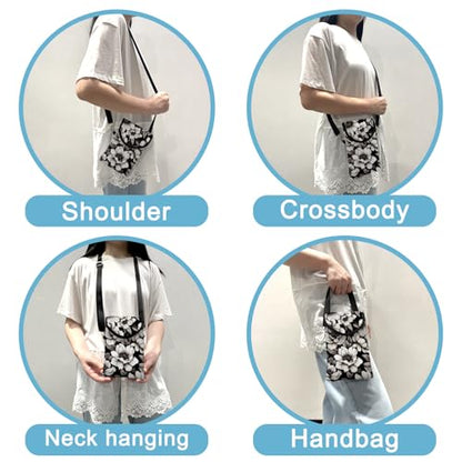 Neoprene Cell Phone Sleeve Pouch Case Bag with Crossbody Strap Neck Lanyard for Women 7.5 X 4.3 in Flower Black - color: Flower Black 1