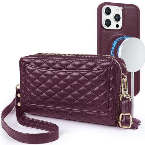 Harryshell Compatible with iPhone 16 Pro Case Wallet Multi Zipper Detachable Removable Cover with RFID Blocking Card Slots Holder Mirror Crossbody Strap (Compatible with Magsafe-Quilted Burgundy) - color: Compatible with Magsafe - Quilted Burgundy, size: