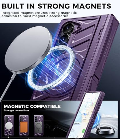 Magnetic for Galaxy Z-Fold-6 Case: Heavy Duty Armor Phone Case [Compatible with MagSafe][Hinge Protection][Dual Kickstand] Shockproof TPU+PC Cover for zfold 6 5G 2024 Purple - color: Purple