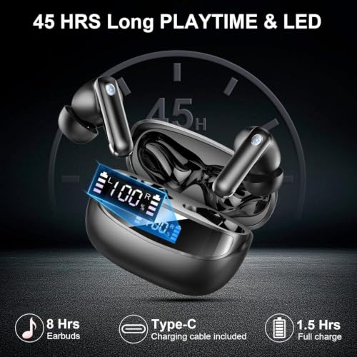 Jxrev Wireless Bluetooth 5.4 Earbuds, 6D Stereo Ear Buds, LED Power Display - color: Carbon Black