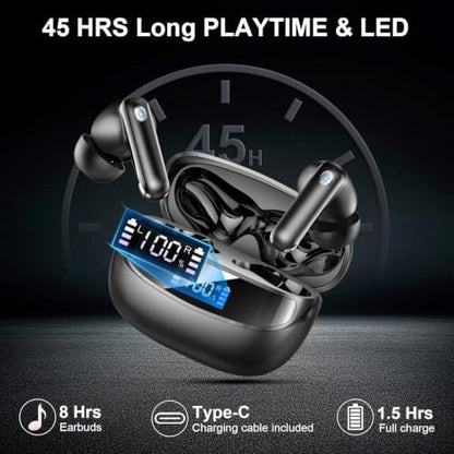 Jxrev Wireless Bluetooth 5.4 Earbuds, 6D Stereo Ear Buds, LED Power Display - color: Carbon Black