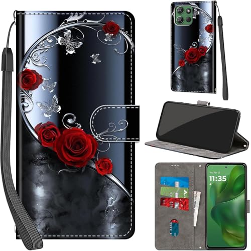 Case Wallet for Motorola Moto G Power 2025/2026, Rose Butterfly | Kickstand, 3 Card Holder, Shockproof TPU Interior Shell, PU Leather, Magnetic Flip Cover, Lanyard Strap - color: Pic:01