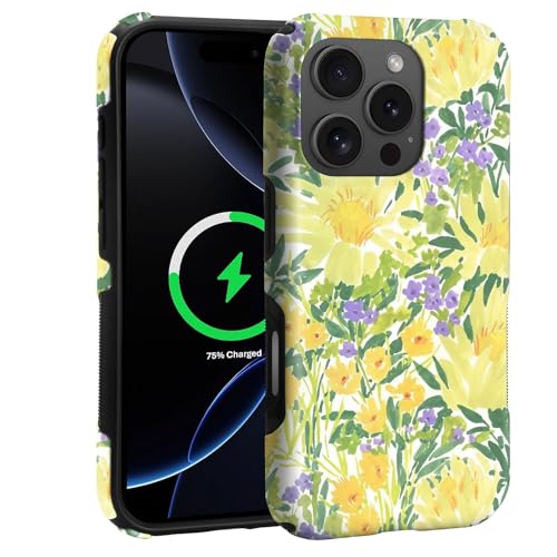 Case for iPhone 16 Pro Max | Anti-Slip Side Handle| Bold Protective Design | Compatible with MagSafe | Bright Yellow Wildflowers | - color: Bright Yellow Wildflowers, size: iPhone 16 Pro Max
