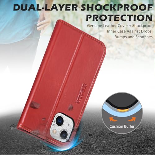 SHIELDON Genuine Leather Folio Wallet Case for iPhone 13 6.1", Retro Red | [RFID Blocking] Case Cover Card Slot Stand Function TPU Effective Protection Shockproof 2021 - color: Red - Retro