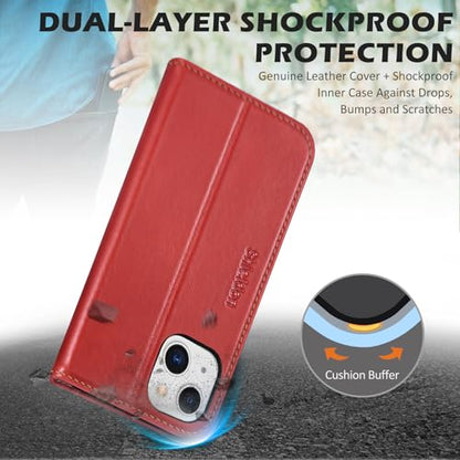 SHIELDON Genuine Leather Folio Wallet Case for iPhone 13 6.1", Retro Red | [RFID Blocking] Case Cover Card Slot Stand Function TPU Effective Protection Shockproof 2021 - color: Red - Retro