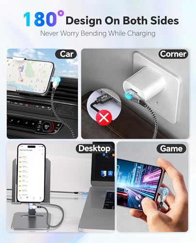 90 Degree Lightning Cable with 180° Rotating iPhone Charger Head - 6.6FT Right Angle Lightning Cable Swivel Charger Cord with MFi, 2.4A Fast Charging, Data Sync, Apple Carplay for iPhone14 13 12 11 X