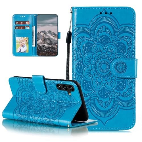 EYZUTAK Case for Samsung Galaxy A17 5G/A26 5G, Premium Leather Magnetic Closure Flip Wallet Phone Case with Card Holder Cash Slots Kickstand Embossed Mandala Flower Shockproof Lanyard Cover - Blue - color: Blue, size: Samsung Galaxy A17 5G/A26 5G