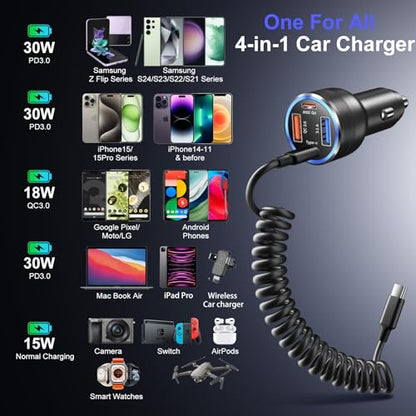 USB C Car Charger, 65W 4-Port Super Fast Charging Cigarette Lighter Adapter - size: 1 Pack