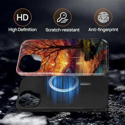 Magnetic Phone Case for iPhone 13/14,Compatible with MagSafe,Durable 2 Layers Full Covered Shockproof Protective Cover-Stained Glass Sunrise Fall Leaves - color: Stained Glass Sunrise Fall Leaves, size: iPhone 13/14